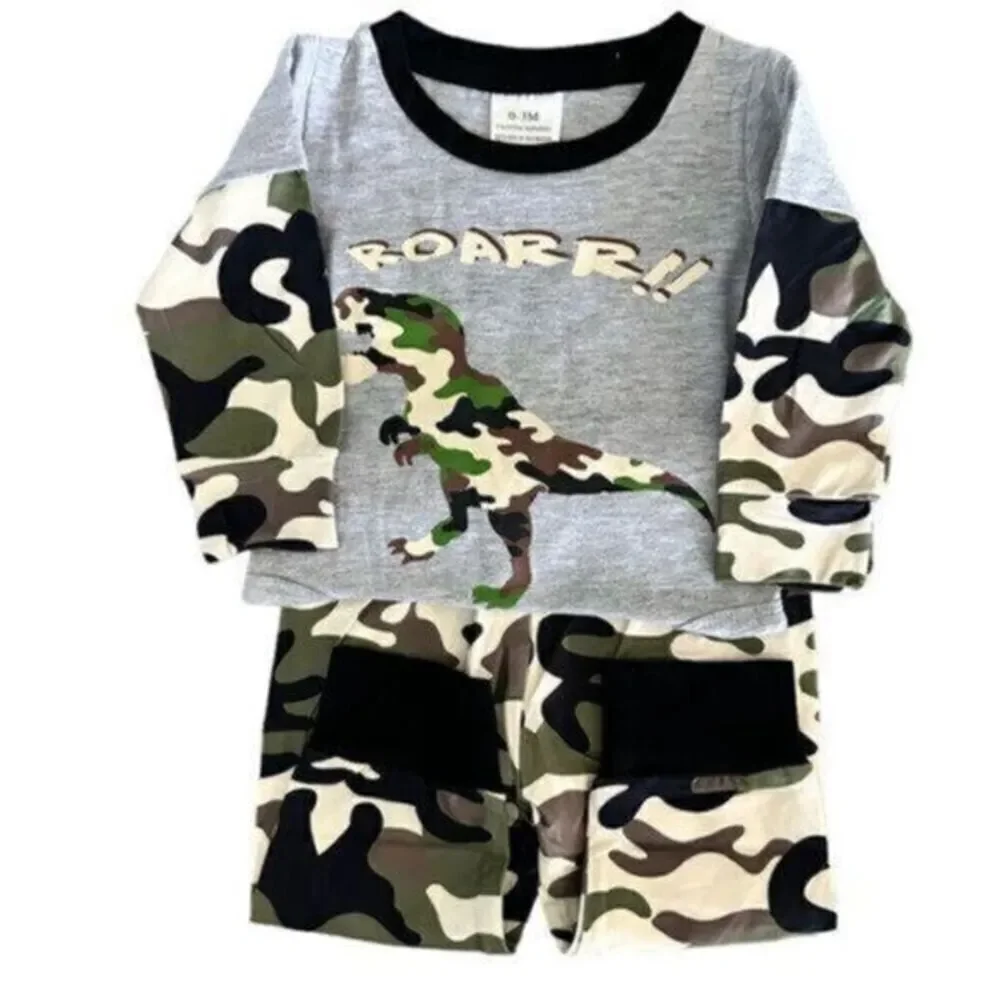 NWT Boys Camo Dino Dinosaur 2 Piece Layered Long Sleeve with Pants - Size 0-3 Mo